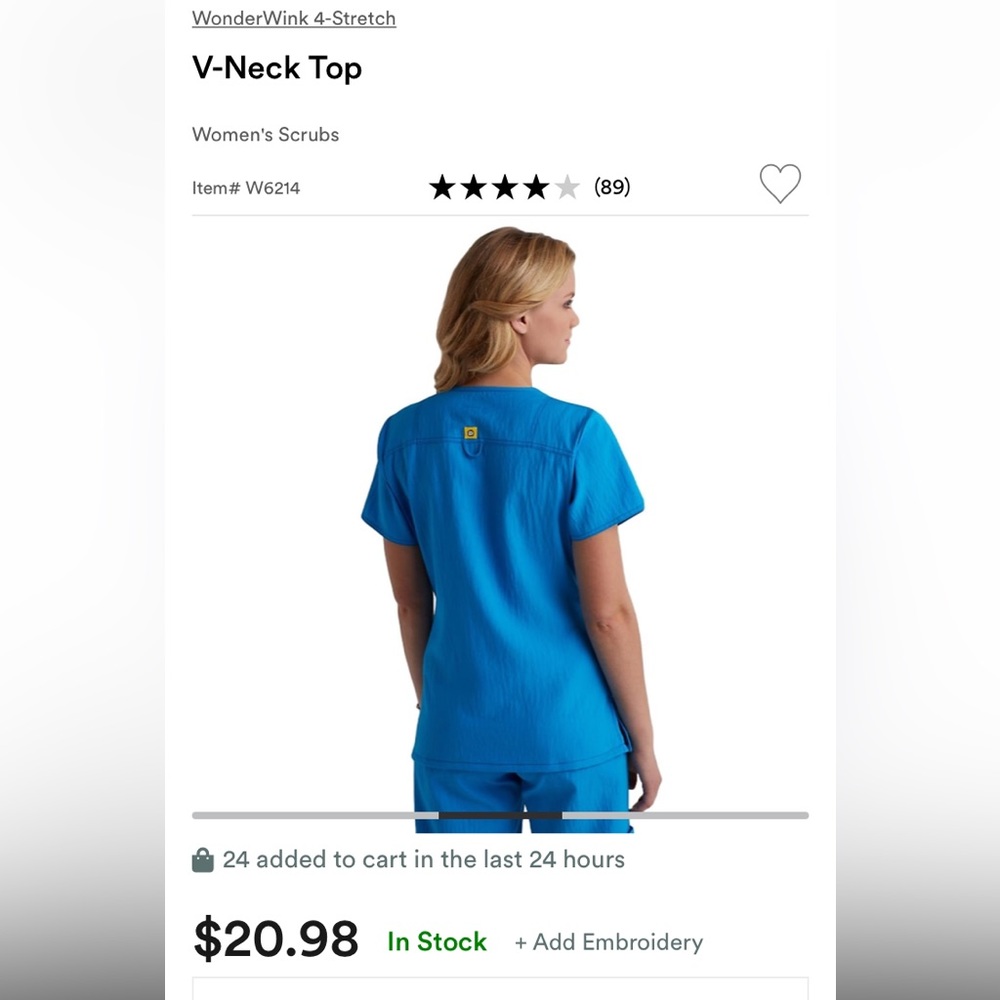 Size small Wonderwink 4-stretch v-neck top and drawstring cargo pants in blue.